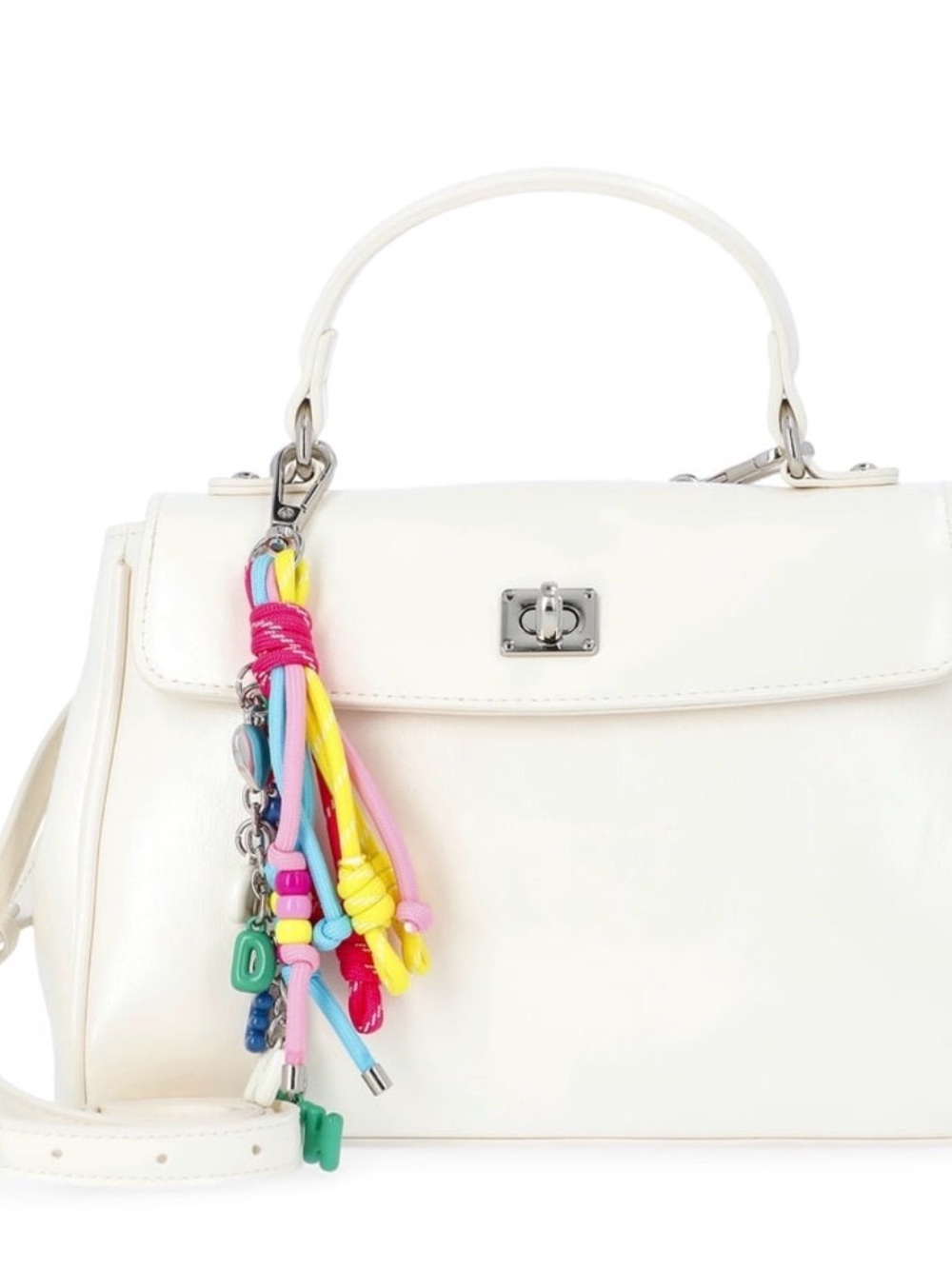 White Top-Handle Women’s Handbag with Colorful Tassel Charm